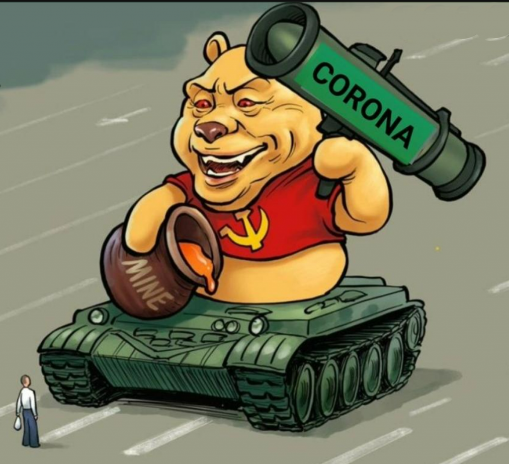 Xi Jinping as Winnie The Poo holding a Covid bazooka inside a tank like during the Tienanmen Massacre